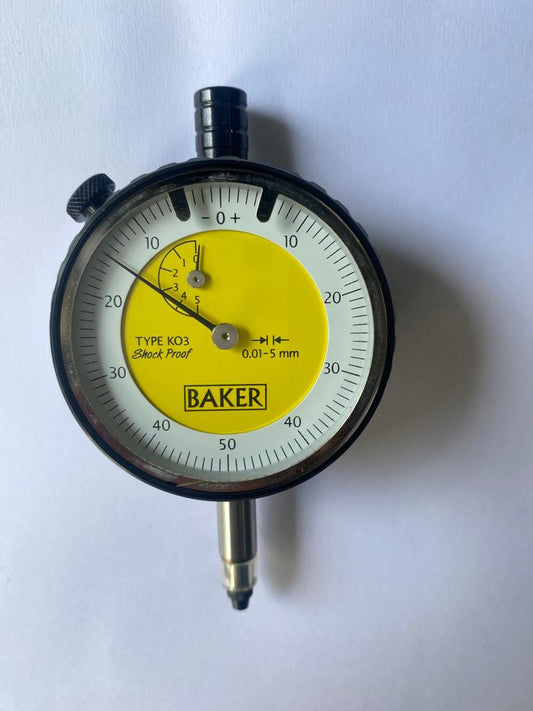 BAKER KO3 / DIAL GAUGE PLUNGER TYPE (0.01 MM L.C., 5 MM RANGE, GRADUATION 0-50-0), 56 MM BEZEL DIA