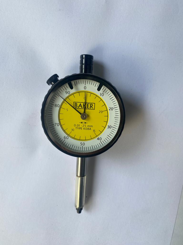 BAKER KO8A / DIAL GAUGE PLUNGER TYPE (0.01 MM L.C., 25 MM RANGE, GRADUATION 0-100), 56 MM BEZEL DIA