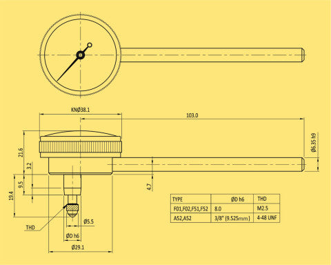 BAKER F51 / DIAL GAUGE BACK PLUNGER TYPE (0.001" L.C., RANGE 0.1", GRADUATION 0-50-0), 38 MM BEZEL DIA