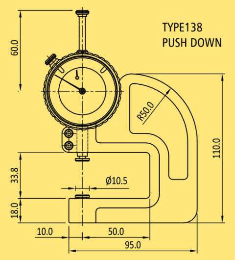 BAKER K138/0 / DIAL THICKNESS GAUGE (0.1 MM L.C., 25.0 MM RANGE) 50 MM THROAT DEPTH