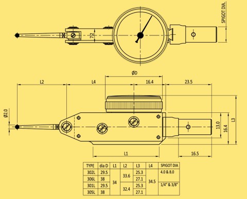 BAKER 306L / LONG STYLUS LEVER TYPE DIAL GAUGE (0.002 MM L.C., 0.2 MM RANGE), WITH ACCESSORIES, 38 MM BEZEL DIA