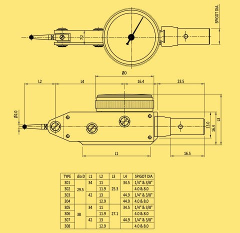 BAKER 308 / LEVER TYPE DIAL GAUGE (0.002 MM L.C., 0.2 MM RANGE), WITH ACCESSORIES, 38 MM BEZEL DIA