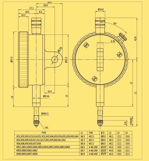 BAKER K17S / DIAL GAUGE PLUNGER TYPE (0.001 MM L.C., 1.0 MM RANGE), 56 MM BEZEL DIA