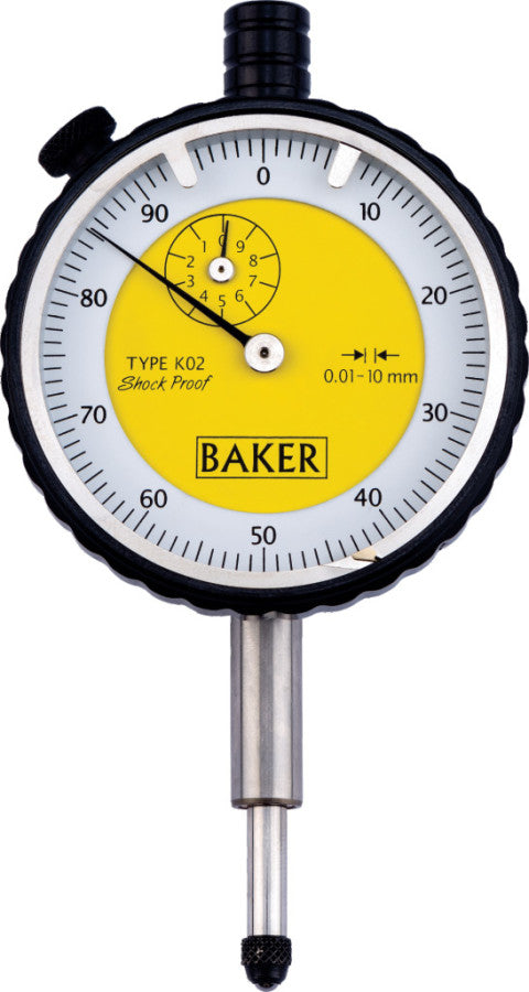 BAKER KO2 / DIAL GAUGE PLUNGER TYPE (0.01 MM L.C., 10 MM RANGE, GRADUATION 0-100), 56 MM BEZEL DIA