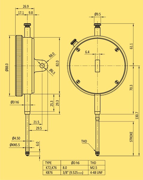 BAKER K76 / DIAL GAUGE PLUNGER TYPE (0.001" L.C., 2" RANGE, GRADUATION 0-100), 88 MM BEZEL DIA