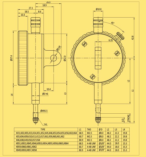 BAKER KO9 / DIAL GAUGE PLUNGER TYPE (0.002 MM L.C., 2 MM RANGE, GRADUATION 0-10-0), 56 MM BEZEL DIA